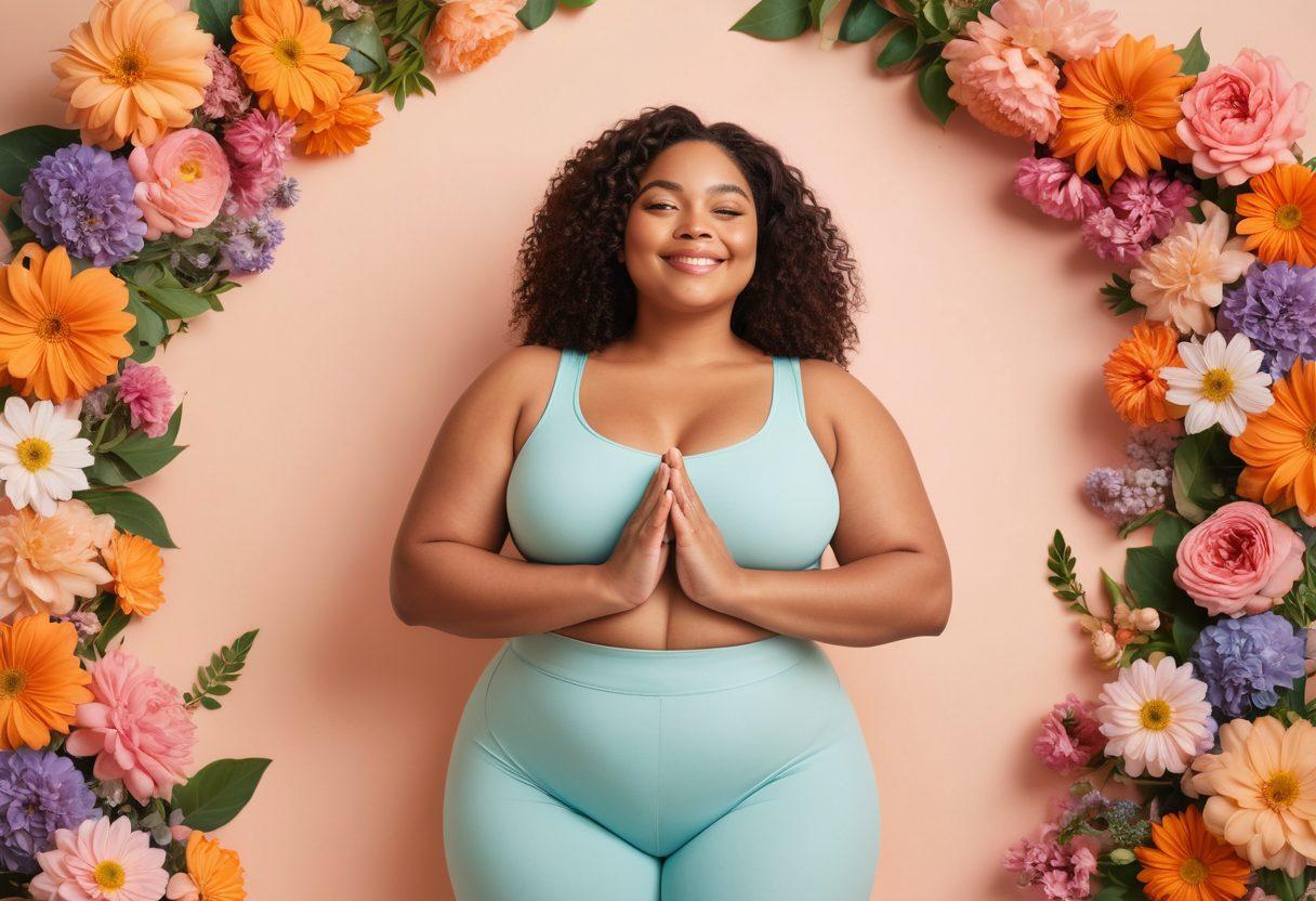 A confident, curvy woman joyfully embracing her body, surrounded by blooming flowers and soft pastel colors to symbolize femininity and wellness. Include elements like yoga mats, healthy foods, and empowering quotes subtly integrated into the background. Capture the essence of body positivity with a warm and inviting atmosphere. super-realistic. vibrant colors. soft pastels.